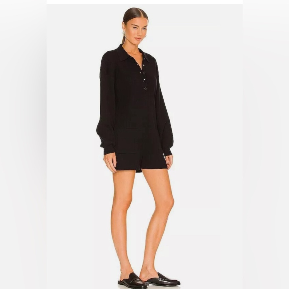 525 Long Sleeve Polo Playsuit Black Rib Knit Collar Romper Size L. NEW WITH TAGS